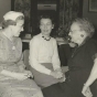 Black and white photograph of a BPW club breakfast, September 22, 1957. Picture (left to right) are Frances Engebretson, Peggy Running, and Sue Monroe.