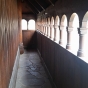 Color image of the Hopperstad Stave Church replica’s exterior walkway, called a svalgang in Norwegian, April 2, 2017. Photographed by Kaci Johnson.