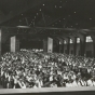 Black-and-white photograph of the interior of the Temple of Aaron during a worship service c.1960.