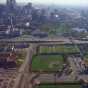 Color aerial view of expanded Minneapolis Sculpture Garden and moved Softball field.