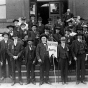 Black and white photograph of Brackett's Battalion veterans gathered for a Grand Army of the Republic Reunion, 1905.