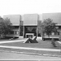 Black and white photograph of the Visual Arts building at the College of St. Catherine in St. Paul, ca. 1970. Photographed by Alan Ominsky.