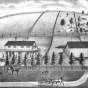 lithograph showing farm, houses, and rolling fields