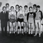 Black and white photograph of a young men's basketball team at the Jewish Educational Center in Saint Paul, c.1940. 