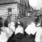photograph of lace makers working outdoors at the Leech Lake Reservation