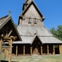 Color image of the front façade of the Hopperstad Stave Church replica in Moorhead, Minnesota, 2009. Photographed by Flickr user Amy Meredith.