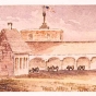 Watercolor painting of an interior view of Fort Snelling made c.1853.