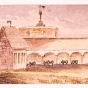 Watercolor painting of an interior view of Fort Snelling made c.1853.