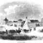 Black and white illustration of Fur Trade fort at Pembina with Red River Trail oxcarts in the foreground, 1860.