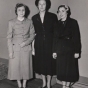 Black and white photograph of Mount Sinai Hospital Association Auxiliary leaders (left to right) Mrs. Louis Gross, Mrs. Charles Penarsky, and Mrs. Sima Meshbesher, 1950.