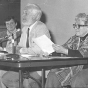 Black and white photograph left to right: Gerald Vizenor, Chester Anderson, and Meridel Le Sueur, c.1974.