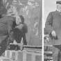 Black and white photograph of James J. Hill, at spike driving celebration extending the Great Northern Railroad, Bend, Oregon, 1911.  