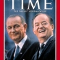 Color image of Vice Presidential nominee Hubert Humphrey with President Lyndon Johnson on the way to a landslide victory, 1964.