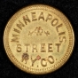 Color image of a Minneapolis Street Railway Company fare token (front), c.1905.