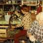 Color image of Dorothy Molter and John Kimbler bottling root beer, Isle of Pines, Knife Lake, Boundary Waters Canoe Area, ca. 1970s.