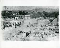 Black and white photograph of destruction caused by the 1887 fire in Cannon Falls.
