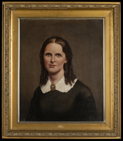Oil-on-canvas portrait of Harriet Bishop. Painted c.1880 by Andrew Falkenshield; based on an engraving of Bishop made in 1860. 