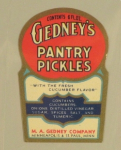 Color image of a Gedney's Pantry Pickles label, c.1935.