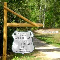 US Forest Service entrance sign for Civilian Conservation Corps Camp Rabideau, Company 708, in the Chippewa National Forest. Photograph by the US Forest Service, Eastern Region, August 26, 2006. Public domain.