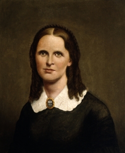 Oil-on-canvas portrait of Harriet Bishop. Painted c.1880 by Andrew Falkenshield; based on an engraving of Bishop made in 1860. 