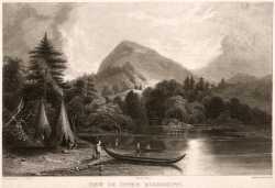 Black and white engraving on paper depicting Lake Pepin. Made by Jacob C. Ward c.1840. 