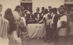 Black and white photograph of annuities being paid at the Fond Du Lac reservation, c.1865.