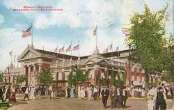 Colored postcard of the Minnesota State Fair Domestic Arts and Handicrafts building, c. 1910.
