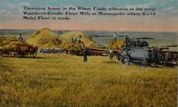 Colorized Washburn-Crosby Flour Mills advertisement for Gold Medal Flour, Threshing Scene, unknown location.