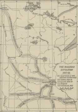 Map reproduced in William Watts Folwell's <em>History of Minnesota</em>, Vol. 2 showing railroad lines in Minnesota as graded, located, proposed, and constructed between 1857 and 1862.
