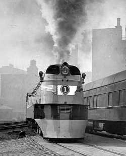Black and white photograph of a locomotive for the "Hiawatha," Milwaukee Road. Photograph by Milwaukee Road News Bureau, 1935.
