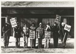 Black and white photograph of the Willmar 8 on strike, c.1977