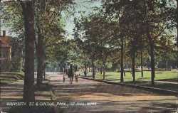 Tinted photographic postcard on paper depicting Minnesota Street in St. Paul's Central Park, c.1895.
