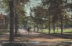 Tinted photographic postcard on paper depicting Minnesota Street in St. Paul's Central Park, c.1895.