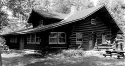 Black and white photograph of the Marcell Ranger Station, c.1994.