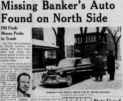 Headline and images from an article on the disappearance of Kenneth Lindberg (“Missing Banker’s Auto Found on North Side”) that ran in the Minneapolis Star on November 18, 1955.