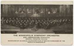 Black and white photograph of the Minneapolis Symphony Orchestra on stage, c.1912.