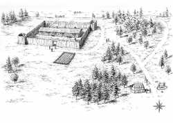 The Snake River Fur Post as it appeared during John Sayer's tenure as partner in the early nineteenth century. Drawn by David Geister, ca. 2000.