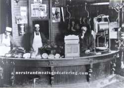 Remodeled Nerstrand Meat Market, ca. 1900. Pictured are (left to right): Lewis Roth, William Roth, and an unidentified man.