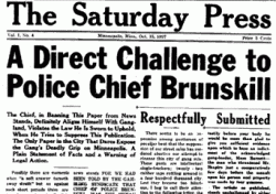 Black and white image of the editorial page of the Minneapolis Saturday Press, October 25, 1927.