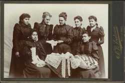 Photograph of Sybil Carter and Indian lace makers at Leech Lake, ca. 1896.