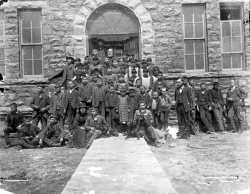 Children on the steps of the Indian School at Pipestone