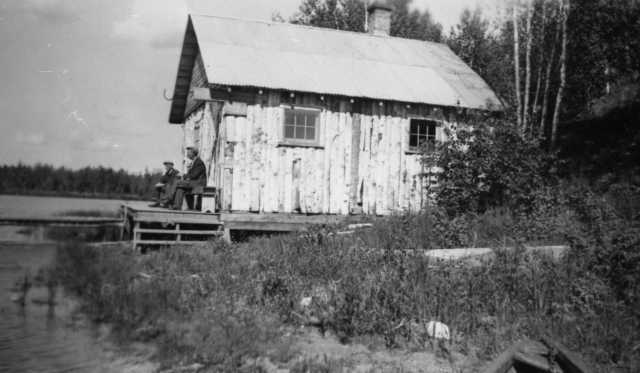 Black and white photograph of a sauna on the shore of North Star Lake, 1937.