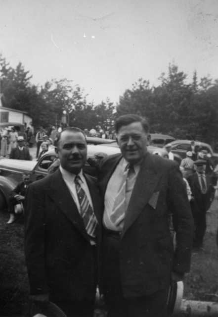 Black and white photograph of Elmer Benson and John T. Bernard at Mesaba Co-op Park, 1940.