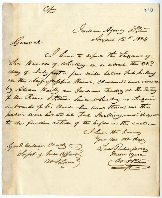 Letter from Lawrence Taliaferro to William Clark, August 12, 1834