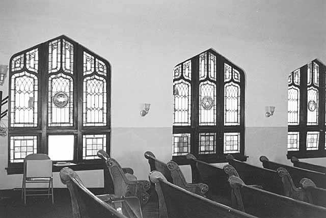 Black and white photograph of St. Mark’s African Methodist Episcopal Church interior, Duluth. Photographed in 1975.