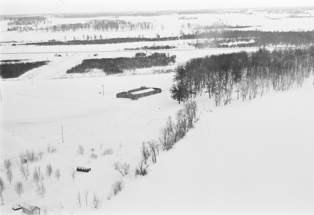 Aerial view of reconstructed Snake River Fur Post in winter