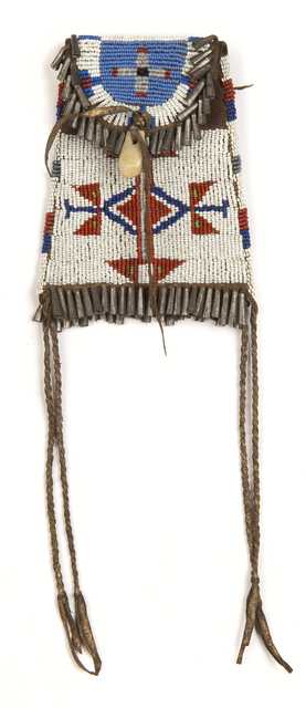 Color image of a Dakota leather pouch with lane-stitched geometric beadwork made in the nineteenth century.
