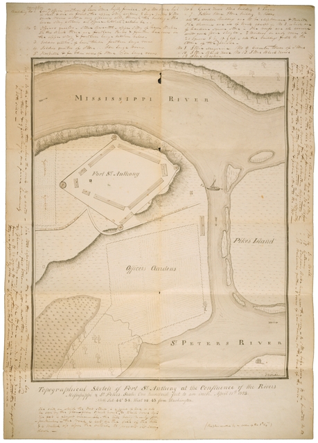 Topographical map of Fort St. Anthony (Fort Snelling), 1823. Drawn by Sergeant Joseph E. Heckle with marginal notes by Major Josiah H. Vose, Fifth U.S. Infantry.