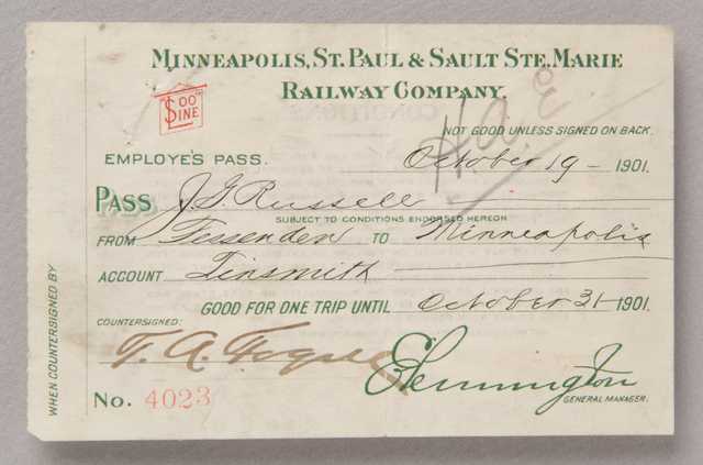 Soo Line Railway employee pass