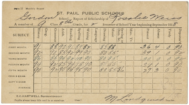 Report card issued to eight-grade student Rosalie [sic] Weiss by the Gordon School in St. Paul for the 1918–1919 school year. 